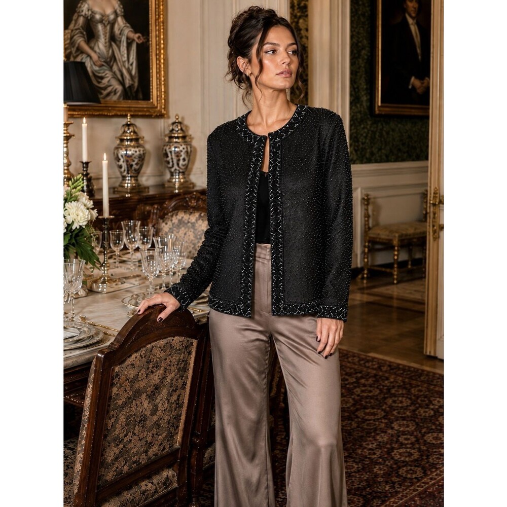 Marina Bresler Black Beaded Cardigan|Size Large old money luxury texture Gilmore